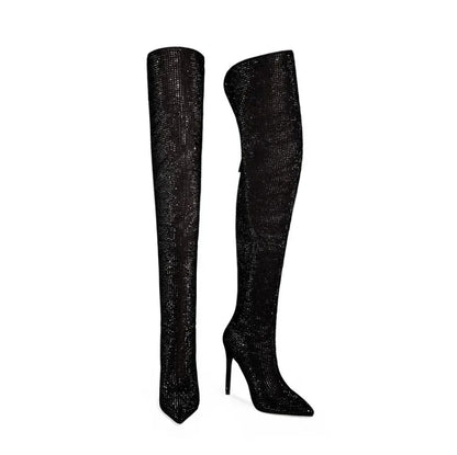 Silver Black Rhinestone 12cm High Heel Long Boots New Fashion Show Shiny Diamond Pointed Women's Over The Knee Boots Size 34-46