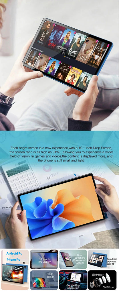 BDF 10.1 Inch Tablet Android 11, 4GB RAM 64GB ROM,1TB Expand,1280x800 IPS Screen 5000MAH Battery,Dual Camera, WiFi,3G Sim Card