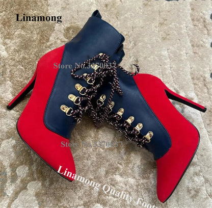 Linamong Red-blue Patchwork Metal Buckles Stiletto Heel Short Boots Sexy Pointed Toe Lace-up Thin Heel Ankle Booties