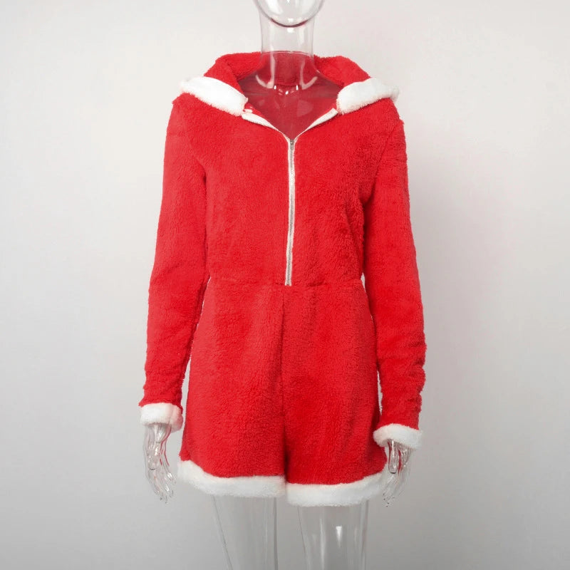Plush Color Patchwork Xmas Women's Sexy Hooded Playsuits Loose Fitting Front Zip High-waist Home Casual Comfort Romper Sleepwear