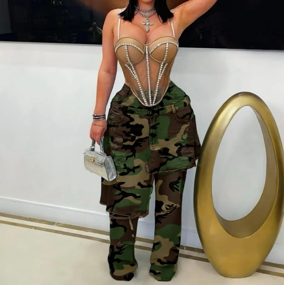 Women High Waist Camouflage Pants Hole Straight Pants Long Jeans Casual Trendy Trousers 2025 Autumn Winter New Denim Trousers