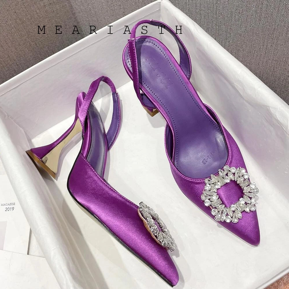 Brand Silk Women Pumps Luxury Crystal Slingback High Heels Summer Bride Shoes Comfortable triangle Heeled Party Wedding Shoes
