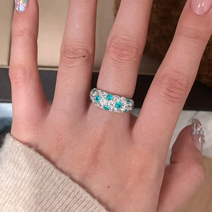 luxury 18K white gold and platinum PT950 Paraiba half-circle full-set diamond ring for women's baby's breath high jewelry