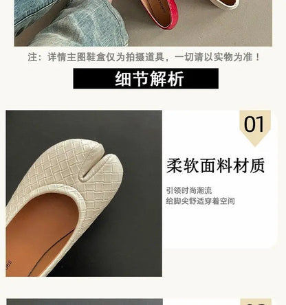 French Retro Split Toe Ballet Flats Women Red Woven Detail Tabi Slip On Shoe Woman Faux Leather Moccasin Daily Work Office Flats