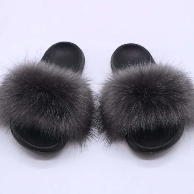 Women's  Faux Fox Fur Slides Fluffy Open Toe Slippers Indoor Outdoor Casual Flat Sandals Luxury Furry Slide Shoes for Ladies