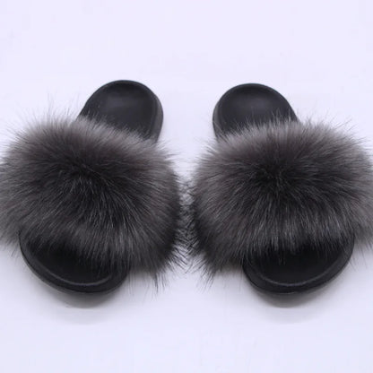 Women's  Faux Fox Fur Slides Fluffy Open Toe Slippers Indoor Outdoor Casual Flat Sandals Luxury Furry Slide Shoes for Ladies