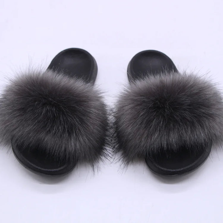 Women's  Faux Fox Fur Slides Fluffy Open Toe Slippers Indoor Outdoor Casual Flat Sandals Luxury Furry Slide Shoes for Ladies