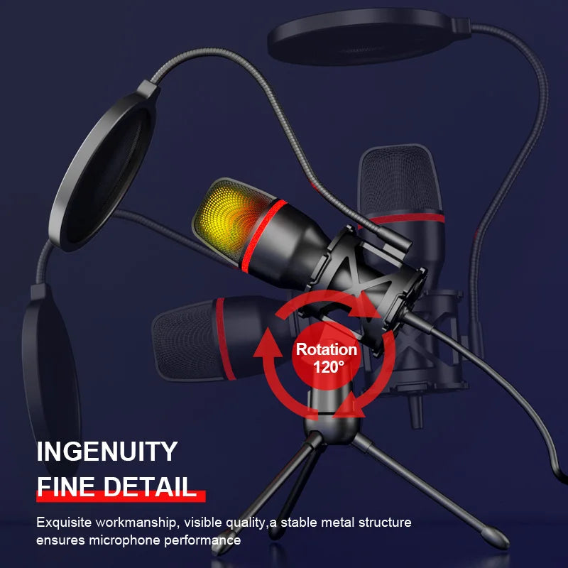Computer Condenser Microphone Professional For PC Laptop USB Wired Streaming Sound Live Podcast RGB Record Gaming Accessories