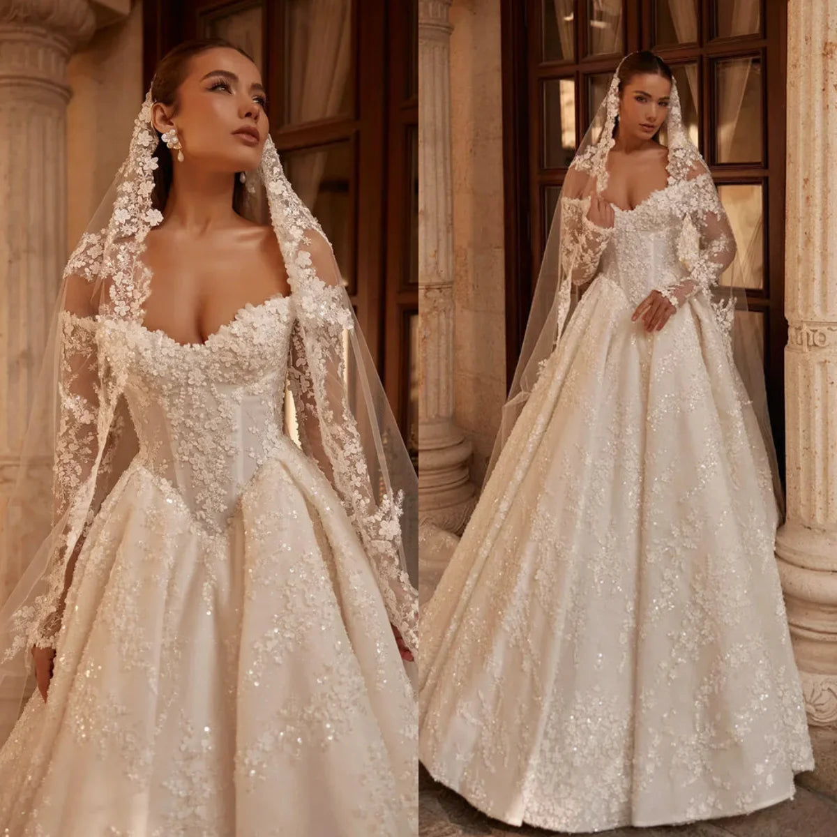 Luxury Sweetheart Lace Wedding Dress Off Shoulder Long Sleeve Prom Dresses A-line Elegant Bride Dress Customization