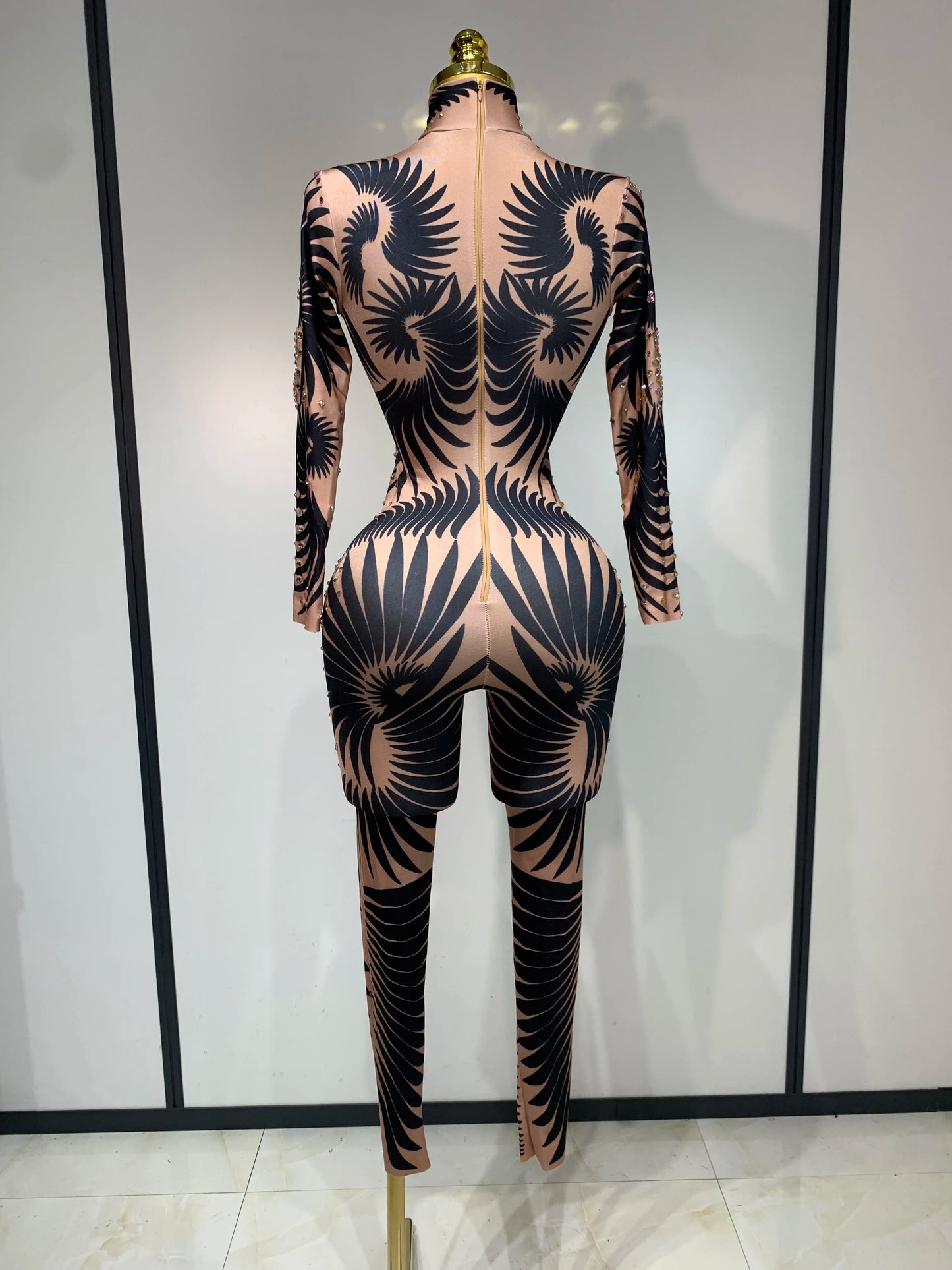 Sexy Long Sleeves Print Rhinestone Jumpsuits Drag Queen Show Stage Performance Costume Women Evening Party Nightclub Rompers