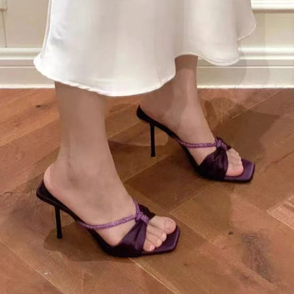 Luxury Crystal Narrow Band Design Brand High Heel Slipper Women High Quality Silk Bow Decoration Slide Sandal Elegant  Shoes