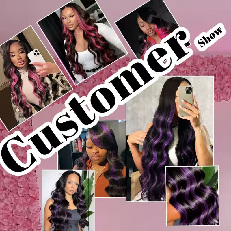 220% Density Ombre Purple Highlight Body Wave 13x6 HD Lace Front Wig Human Hair Waves Dark Purple 13x4 Lace Frontal Wigs For Women