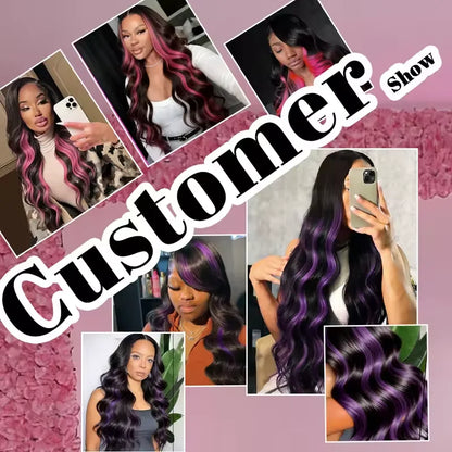220% Density Ombre Purple Highlight Body Wave 13x6 HD Lace Front Wig Human Hair Waves Dark Purple 13x4 Lace Frontal Wigs For Women