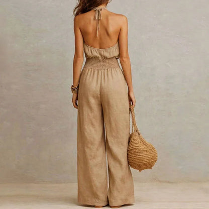 Spring Summer Solid High Waist Woman Jumpsuits Elegant Halter Tie-up Backless Rompers Casual Sleeveless Wide Leg Pocket Overalls