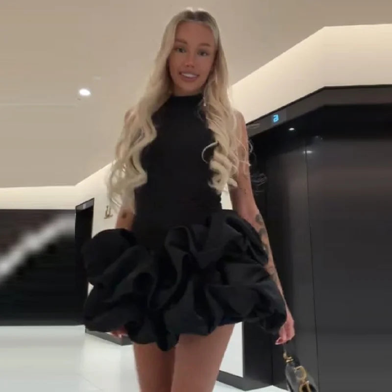 Gentle Sweet Mini Dress Sleeveless Ruffled Bubble Skirt Women Dresses Party Chic Female Stylish Fashion Date Outfits