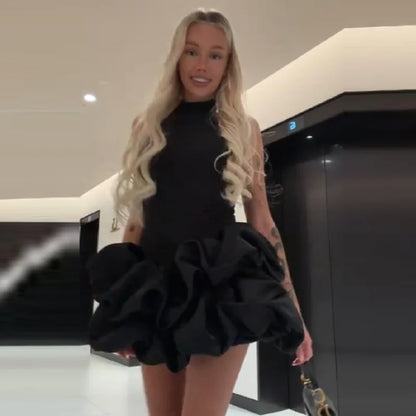 Gentle Sweet Mini Dress Sleeveless Ruffled Bubble Skirt Women Dresses Party Chic Female Stylish Fashion Date Outfits