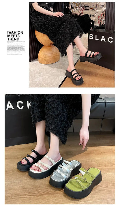 Women Thicken Soled Buckle Strap Sandals Platform High Heel Shoes Ladies Cut-Out Slippers Open Toe Flipflops Silver Beach Slides