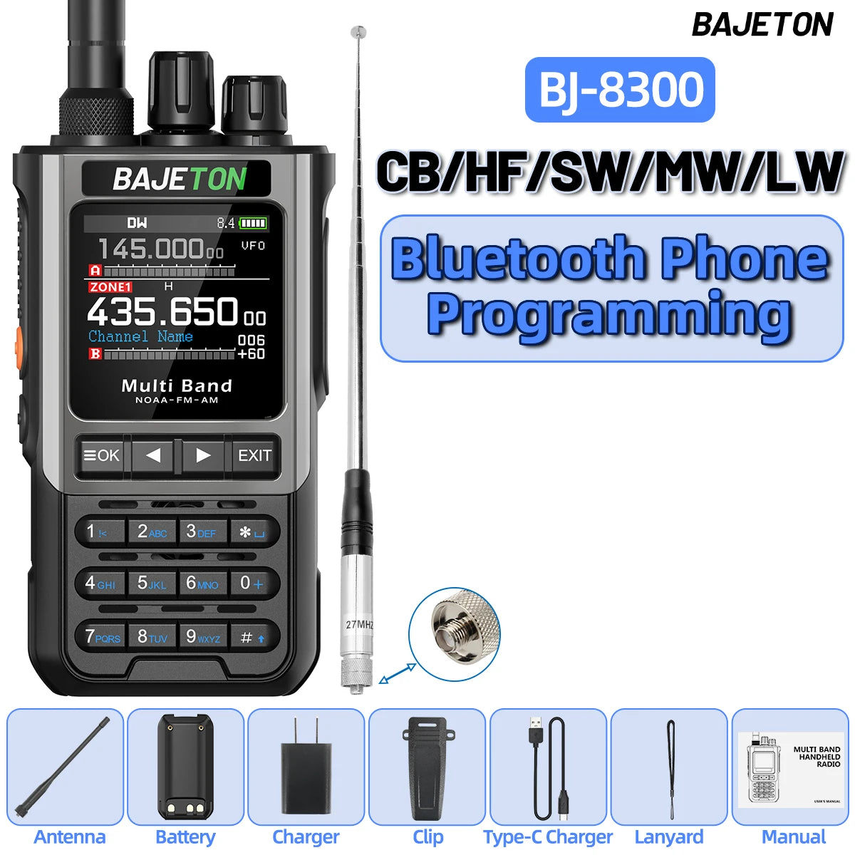 BAJETON BJ-8300 10W Ham Radio Shortwave HF SSB CB Walkie Talkie AM USB LSB CW Bluetooth Programming Handheld Two Way Radio