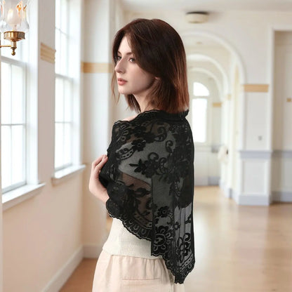 Women'S Lace Triangular Shawl, Breathable Floral Hollow Out Outerwear, French Retro Scarf, Commute Wedding All-Match