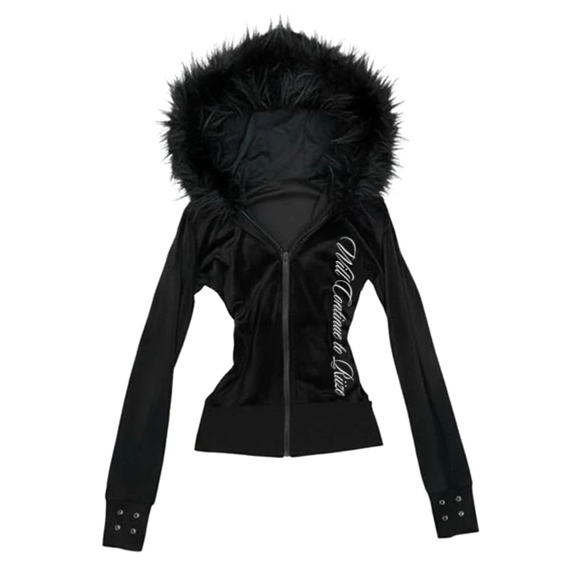 Women's 2025 Gothic Aesthetic Autumn Winter Fur Collar Hoodie Casual Slim Chic Design Cardigan Sweatshirt 2000s Harajuku Clothes