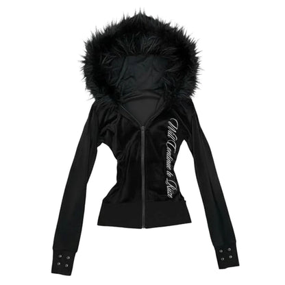 Women's 2025 Gothic Aesthetic Autumn Winter Fur Collar Hoodie Casual Slim Chic Design Cardigan Sweatshirt 2000s Harajuku Clothes