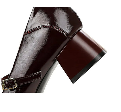Women Korean Vintage Soft Split Cow Leather Pointed Pumps Simple Single Metal Buckle Strap Mid Chunky Heel Comfort Office Daily