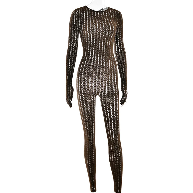 HLJ&GG Sexy Mesh Stretchy See Though Bodycon Jumpsuits Women Round Neck Long Sleeve Slim Playsuits Fashion Print Overalls 2025