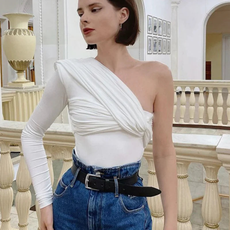 2025 Slim Club Party Bodysuits High Waist Irregular Bodysuit Sexy Backless Twist Streetwear One Shoulder Long Sleeve Tops 19493