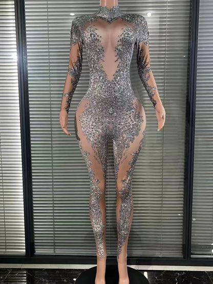 Sexy Luxury Fashion Long Sleeves Diamond Rompers Club Dance Stage Costumes Sexy Party Playsuits Women Rhinestones Jumpsuits