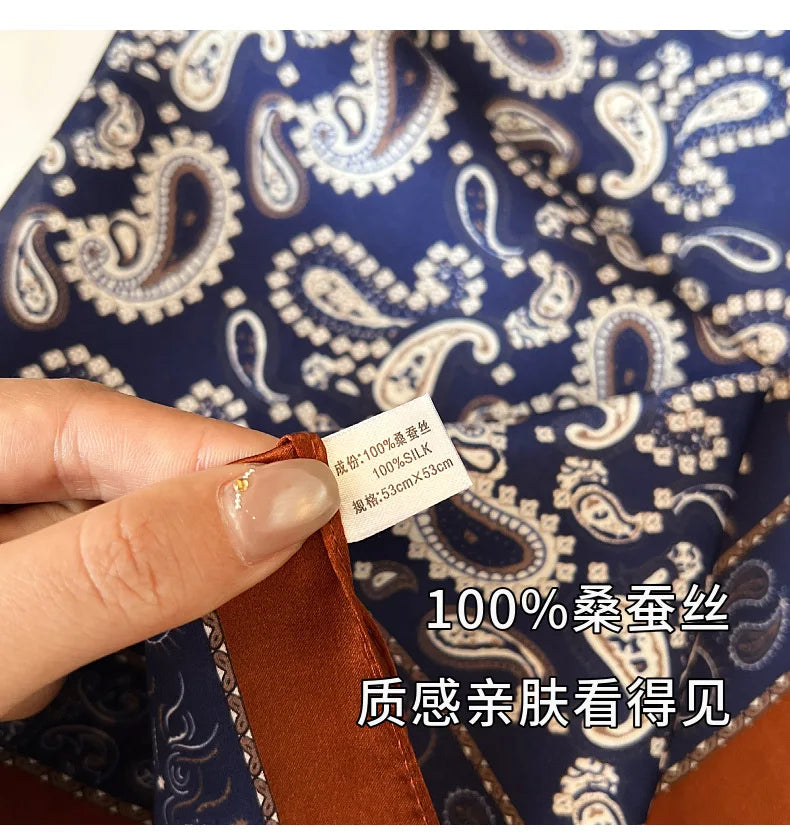 100% Mulberry Silk Square Scarf 53x53cm Royal Blue Paisley Print Neck Scarf Headband Bag Ribbon Vintage Elegant Gift For Women