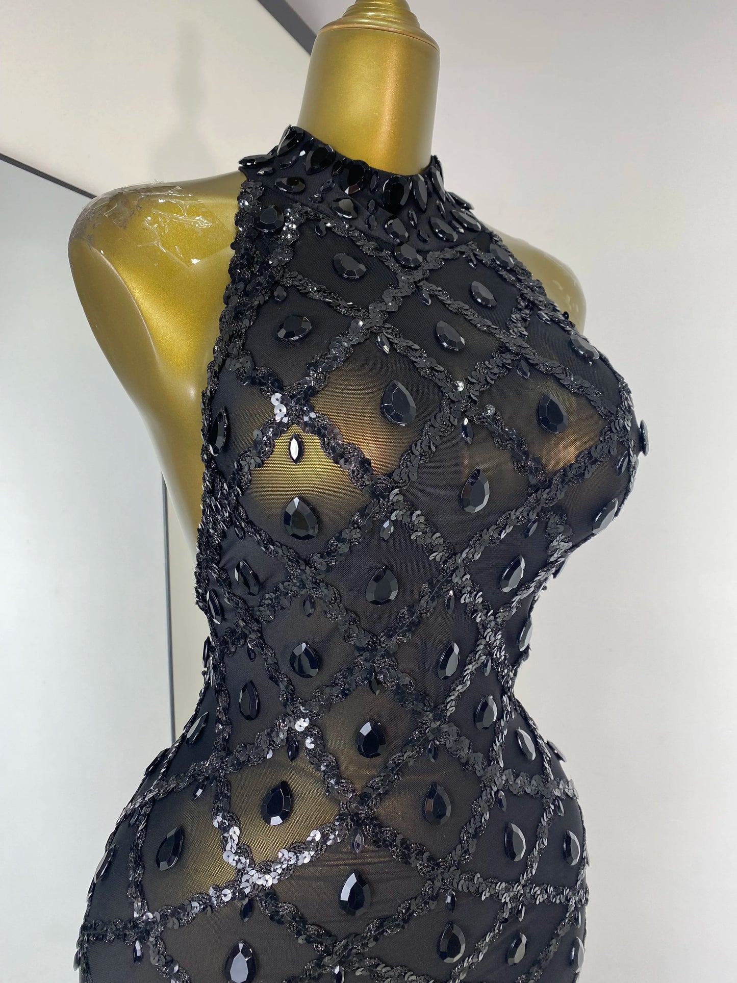 Women Rhinestones Sequines Mesh Bodycon Jumpsuits Sexy Special Occassion Nightclub DJ Dancer Stage Costumes Evening Club Dress