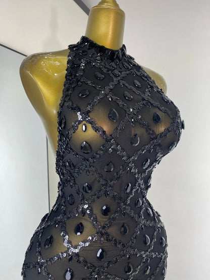 Women Rhinestones Sequines Mesh Bodycon Jumpsuits Sexy Special Occassion Nightclub DJ Dancer Stage Costumes Evening Club Dress