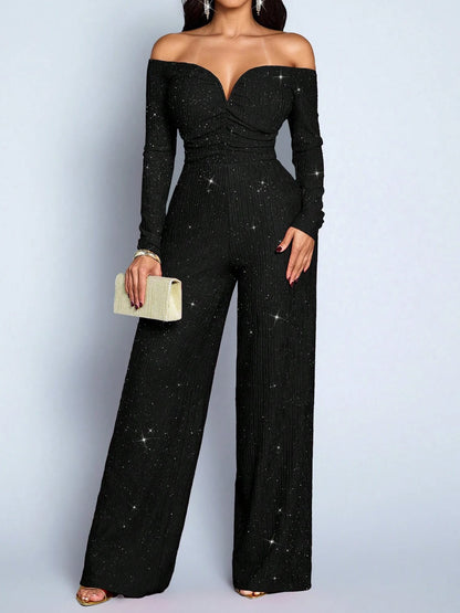 Fashion Slim Long Sleeve Jumpsuits for Women Slash Neck Folds Solid Straight Women Jumpsuit Monos Mujer Elegante