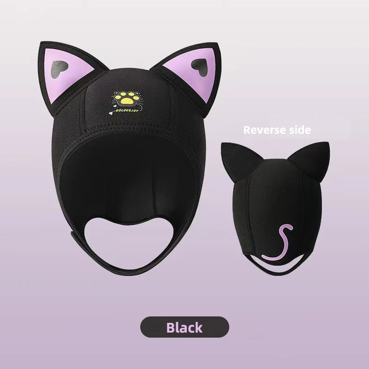 Cool Cute Cat Ears Diving Hood 3mm Neoprene Women Snorkel Scuba Cap w/ Adjustable Chin Strap,Thermal for Surfing & Water Sports