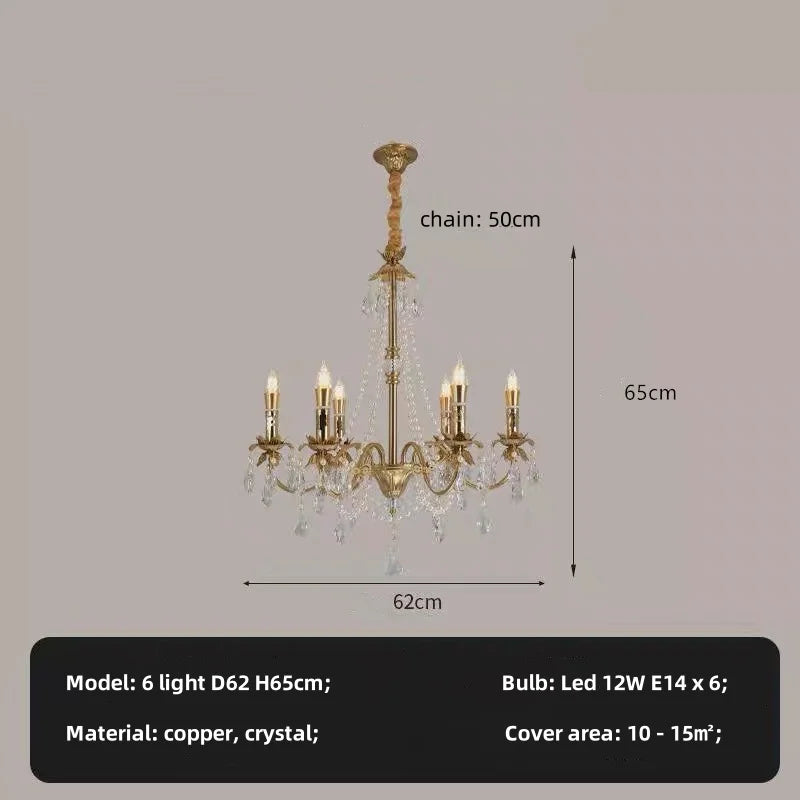 American Luxury Candle E14 Chandelier Living Room Lustre Crystal Hanging Lamp Copper Suspend Lamp Led Luminarias Decor Lamparas