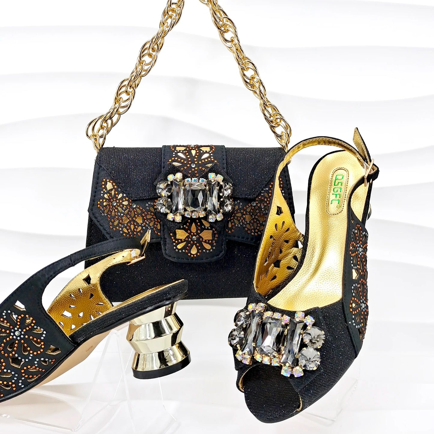 New Lady Style Shoes and Bag Set Round Heels Nigerian Fashion Diamond Decorated Women's High Heels Bag 5.5cm