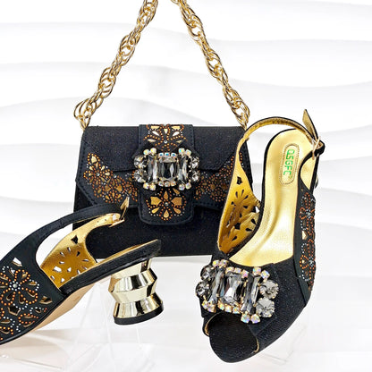 New Lady Style Shoes and Bag Set Round Heels Nigerian Fashion Diamond Decorated Women's High Heels Bag 5.5cm
