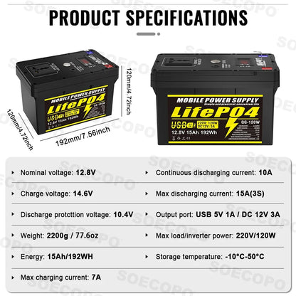 SOECOPO 12V 15Ah Portable Lithium Iron Phosphate Battery Emergency with Plug and Play Universal Socket 2 X USB for RV Camping