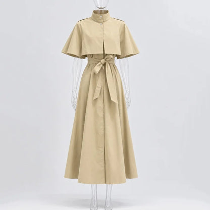 Women's Trench Style Midi Dress Stand Collar Cape Overlay Short Sleeve Belted Waist A‑Line Dresses Autumn Elegant Office Outfits