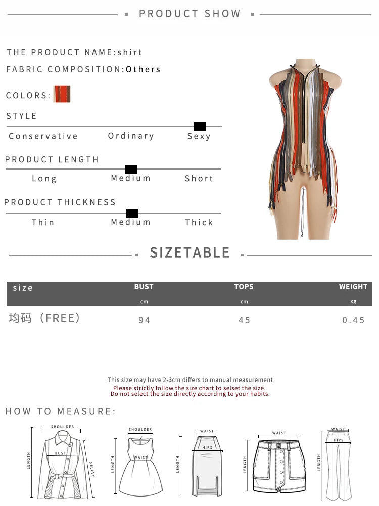 Whatiwear Hip-Hop Style Tank Tops Woman Colorful Stripe Halter Multiple Zip Design Bandage Backless Irregular Hem Street Vests