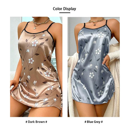 Ladies Sexy Sling Nightgown Nightdress Women's Sexy Lingerie Silk Satin Sleepwear Floral Pinting Nightwear Homewear Mini Dress