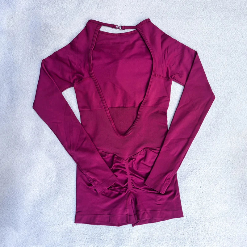 Long Sleeve One Piece Set Women Clothes Backless Gym Set Seamless Yoga Set Bodysuit Workout Shorts Romper Jumpsuit Sportswear