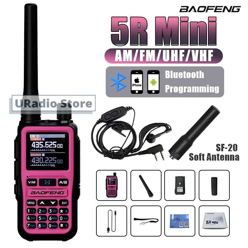 Baofeng UV-5R Mini Walkie Talkie BF-5R Mini Ham Two Way Radio Pink Dual Display USB-C 999 Channel AM For Camping Hiking Hunting