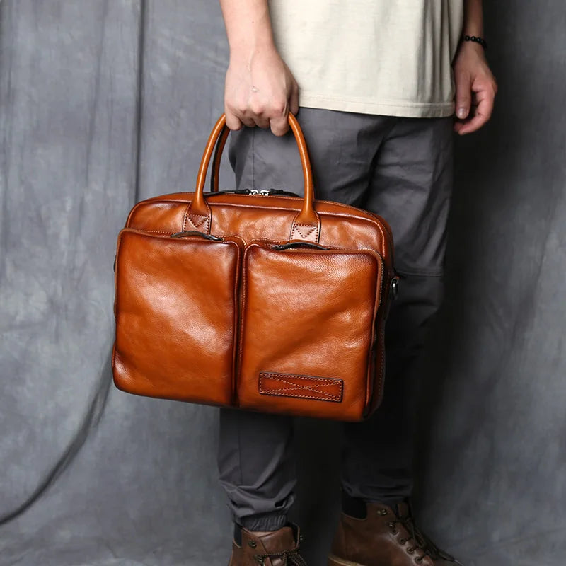 Retro Leather Men's Briefcase Top Layer Leather Handbag Casual Shoulder Messenger Bag Business Laptop Bag Trendy Men's Bag NZPJ