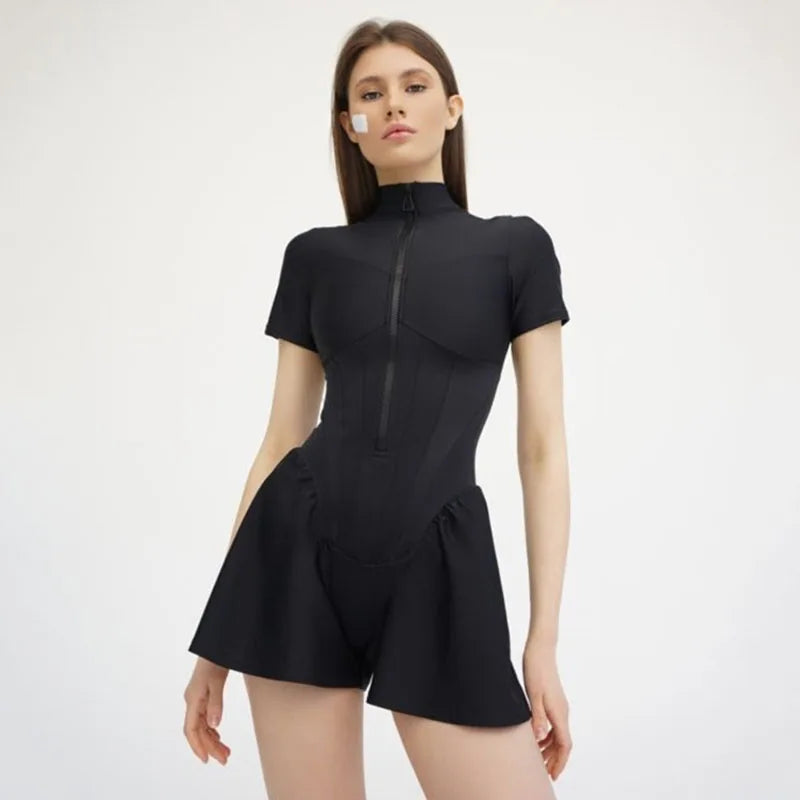2026 New Women's Jumpsuit Solid Color Zip-Up O-Neck Short Sleeve Sports Bodysuits Women Summer Sexy Slim One-Piece Playsuits