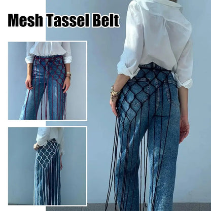 Bohemian Netted Fringe Scarf Handwoven Bikini Women Mid Waist Skirt Ethnic Design Mesh Tassel Waistband Decorative Butt Curtain