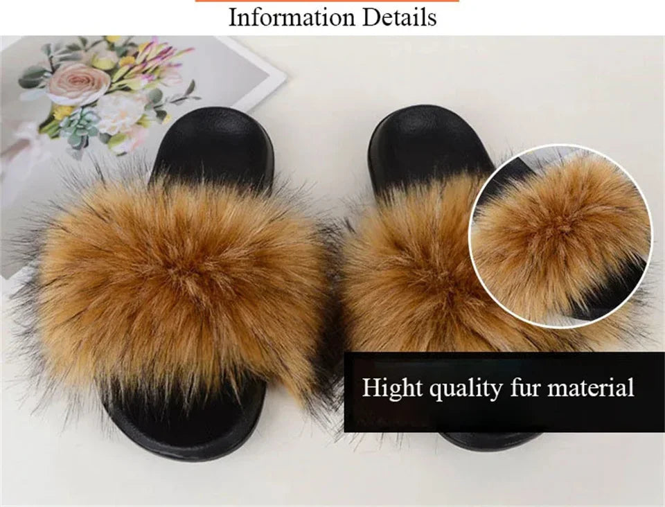 Women's Summer Faux Fur Fox Fur Slippers Fashion Luxury Indoor and Outdoor Non-Slip Solid Color Flat Bottom Furry Sandals