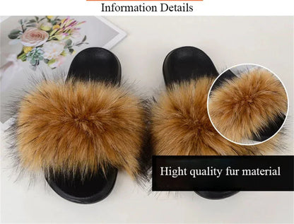 Women's Summer Faux Fur Fox Fur Slippers Fashion Luxury Indoor and Outdoor Non-Slip Solid Color Flat Bottom Furry Sandals