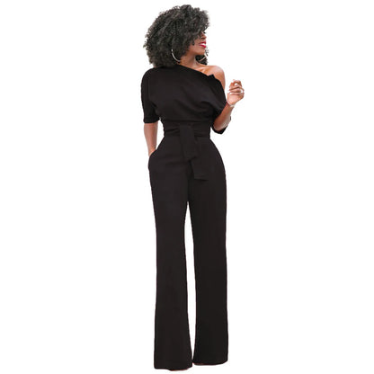 2024 Summer New Fashion Women's Jumpsuit Solid Color Slanted Shoulder Elegant Temperament Sleeveless Long Wide Leg Jumpsuit