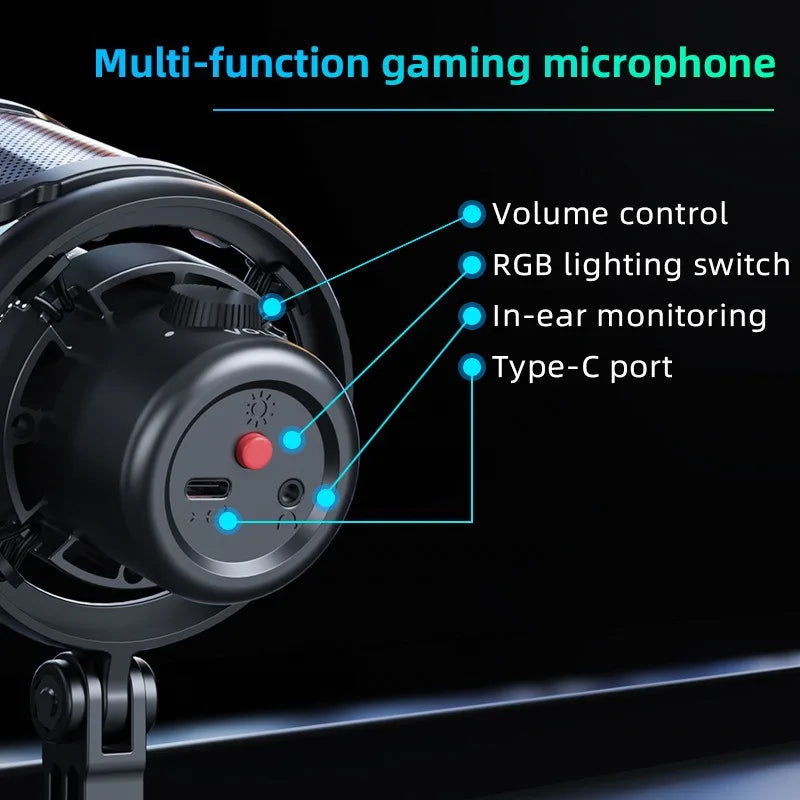 USB Microphone for PC Condenser Podcast Mic for Studio Recording with Headphone Jack, Led, Noise Cancellation Gaming Microphone